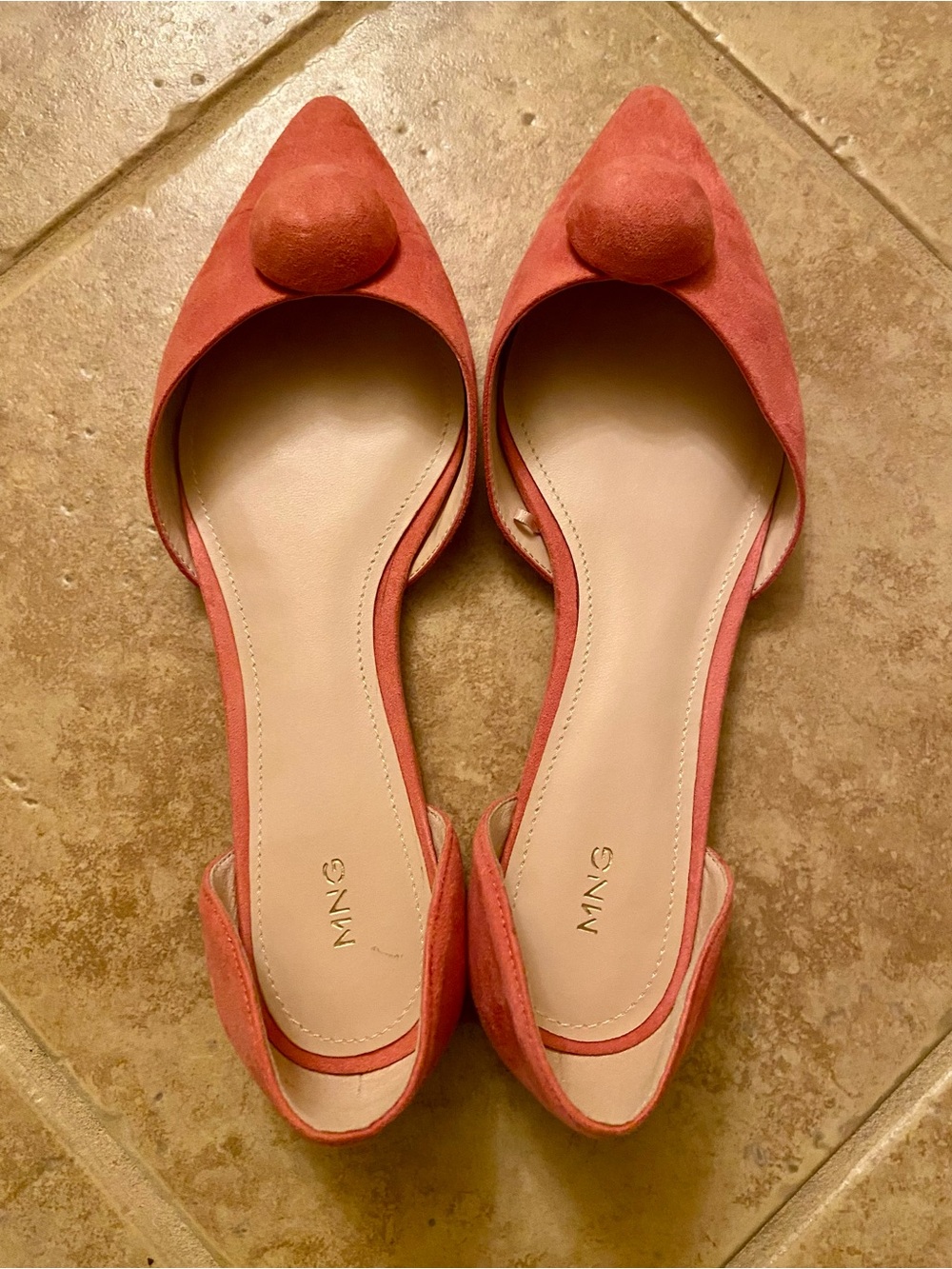 Mango Coral Suede Pointed D'Orsay Flats with Pom